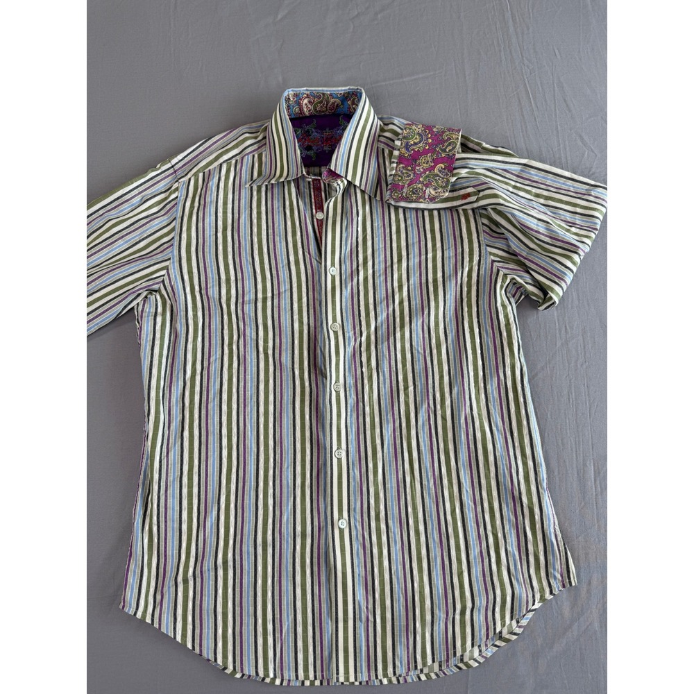 Robert Graham Mens Shirt M Striped Paisley Trim Flip Cuff Long Sleeve Button Upp